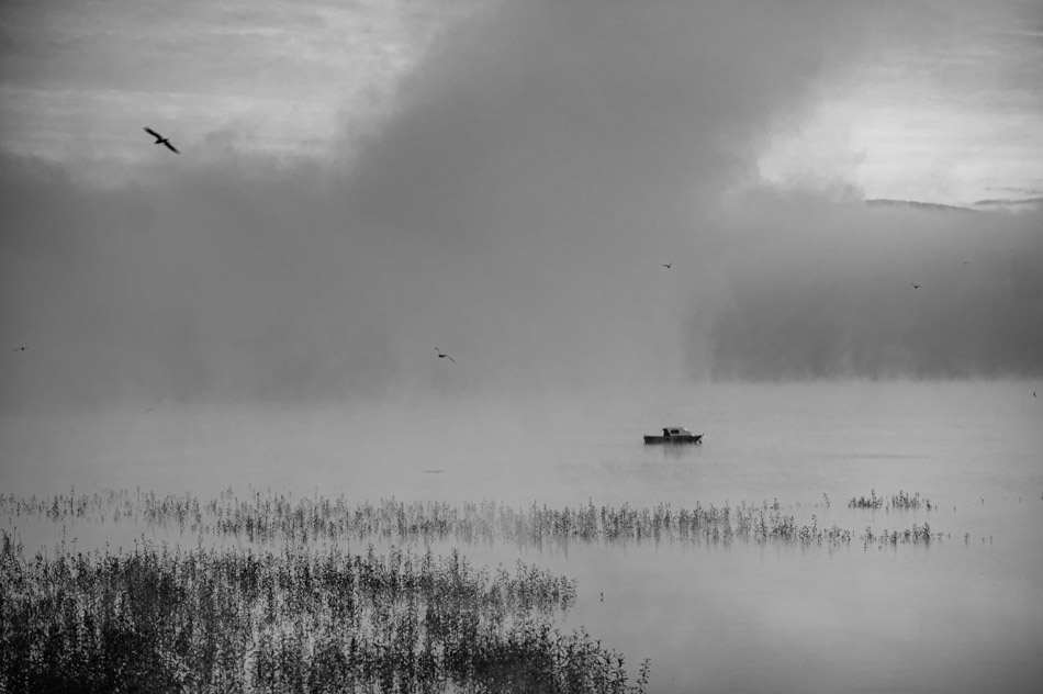 samotna łódka we mgle na jeziorze Żywieckim